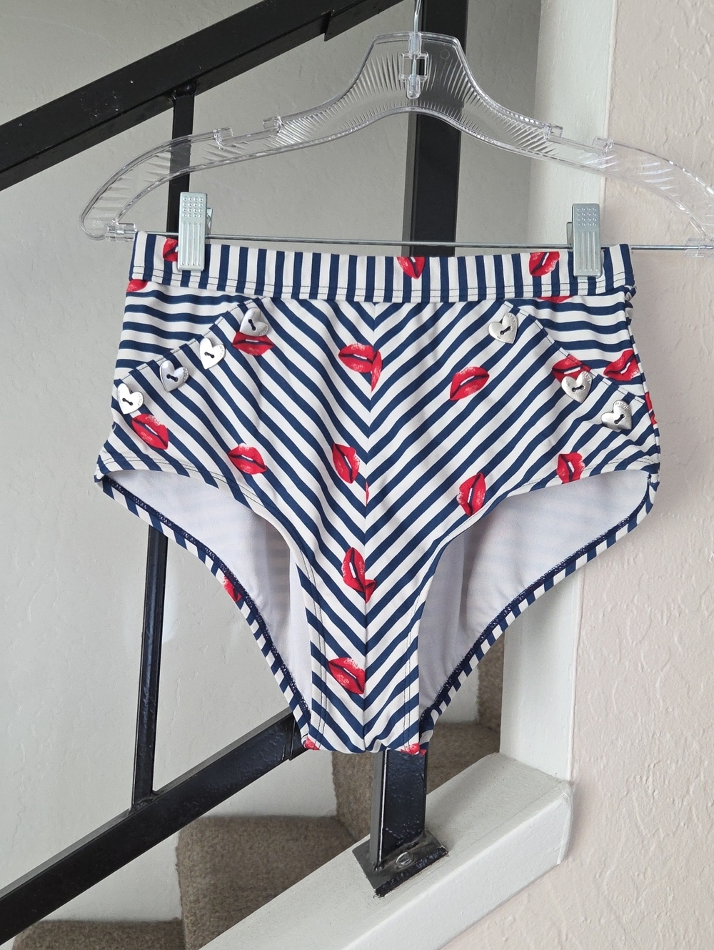 Betsey Johnson Navy Stripe High-Waist Bikini Bottom with Red Lip Print